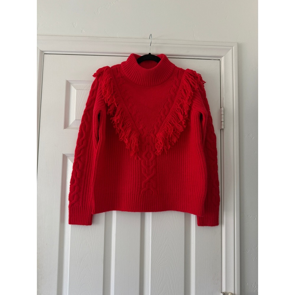 tuckernuck caswell fringe cable knit red sweater wool blend, women size small